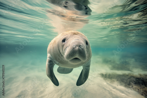 A serene manatee floats effortlessly below the water's surface, its gentle gaze meeting the camera in a tranquil underwater scene. photo
