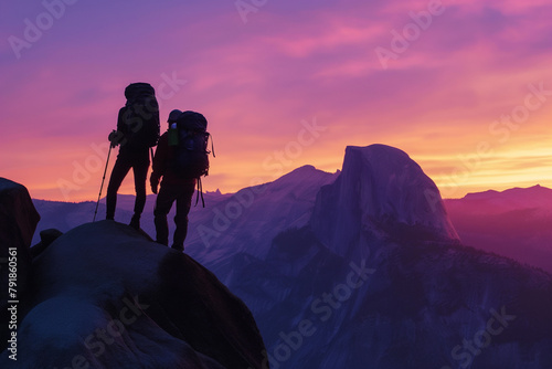 Two silhouetted hikers on a peak at sunset, with a backdrop of layered mountains and a vibrant sky, symbolizing achievement and exploration.