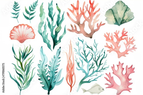 Fototapeta Naklejka Na Ścianę i Meble -  Watercolor sea coral and seaweed clipart. Hand drawn watercolor sea themed elements. Illustration isolated on white background