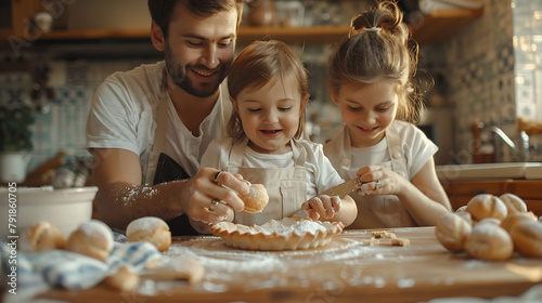 Overjoyed young family with little preschooler kids have fun cooking baking pastry or pie at home together, happy smiling parents enjoy weekend play with smchildren doing bakery cooking in kitchen photo