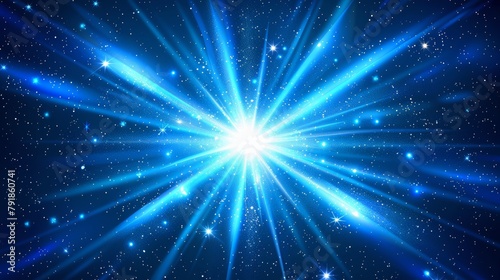 Realistic modern illustration set of magic energy glare with beams and sparkles. Star burst with radiance. Blue explosion glow with bright light, rays and dust around flash with transparent effect.