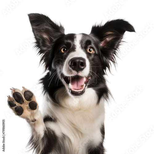 Border Collie sticking out tongue with paw up in front of transparent background