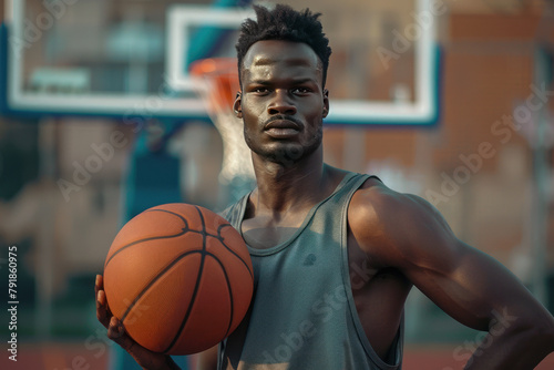  Focused basketball player holding a ball on an urban court © Slepitssskaya