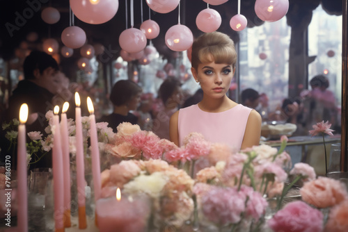 portrait of a girl in a pink dress in a restaurant, the interior is decorated with flowers, candles and balloons, festive and romantic setting photo