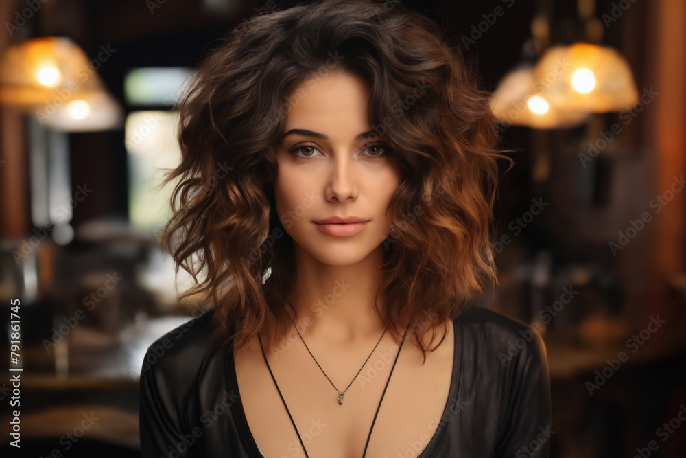 portrait of a young beautiful girl on the background of a dark interior with lights, modern style and fashion, lifestyle