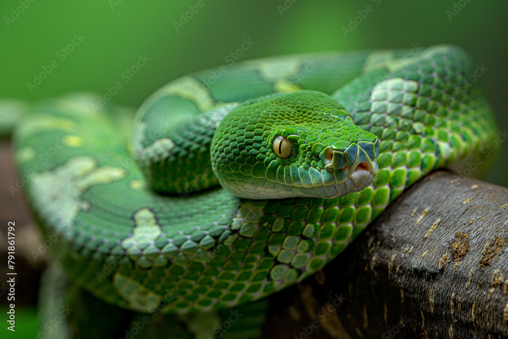 A tranquil green python lies curled on a branch, its intricate scales and calm gaze captured in a serene close-up.