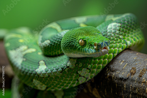 A tranquil green python lies curled on a branch, its intricate scales and calm gaze captured in a serene close-up.