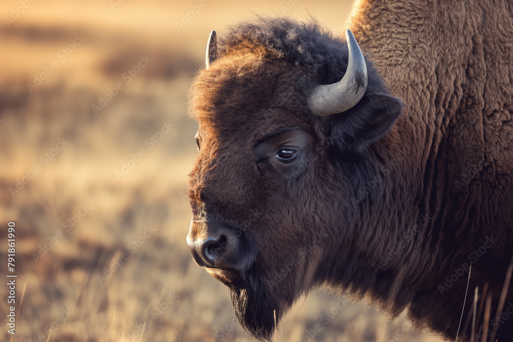 Obraz premium Close-up of a bison with a gentle gaze, its face illuminated by the warm glow of the setting sun in the tranquil plains.