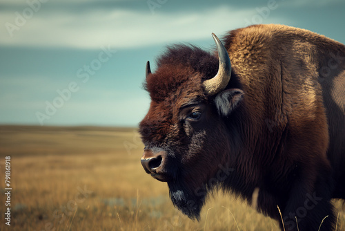 Close-up of a bison with thick fur, horns, and a thoughtful gaze set against a sprawling, grassy landscape, evoking a sense of untamed wilderness.