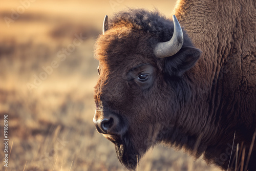 Close-up of a bison with a gentle gaze, its face illuminated by the warm glow of the setting sun in the tranquil plains.