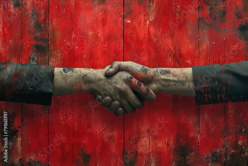 Two men shaking hands on a red wooden background, friendship concept, business teamwork, generative ai