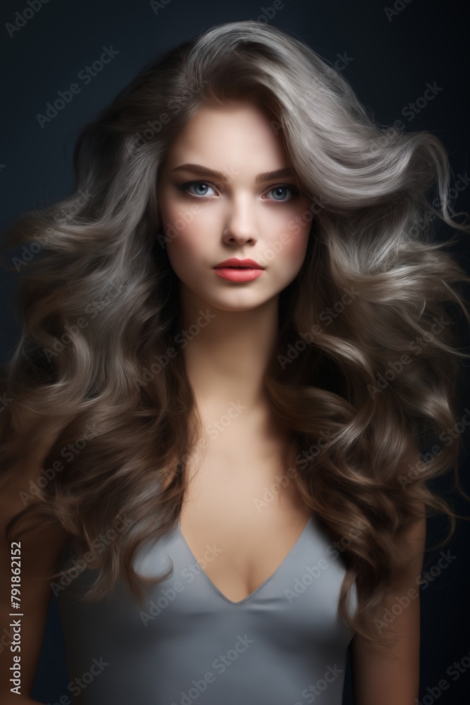 portrait of a young beautiful woman with long curly hair, close-up face, on a dark background, studio beauty photo, style and fashion portrait of a young beautiful woman with long curly hair, close-up face, on a dark background, studio beauty photo, style and fashion