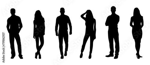 Vector silhouettes of  men and a women, a group of standing and walking business people, black color isolated on white background