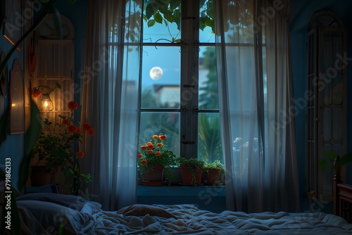 Summer night in the bedroom, interior with a window on a summer night