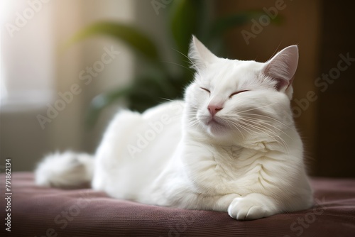 White cat relaxes peacefully on brown surface, eyes closed in contentment, creating serene indoor atmosphere © Muhammad Ishaq