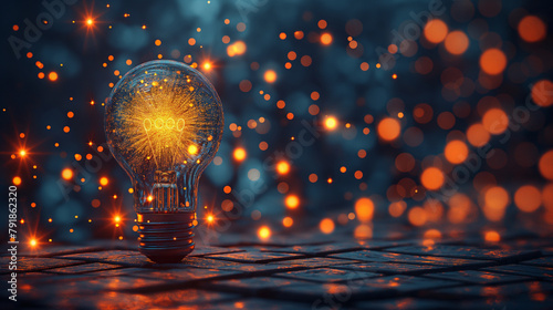 Glowing light bulb in the dark with sparkle lights. business idea bulb concept, creativity, 3D Rendering, generative ai