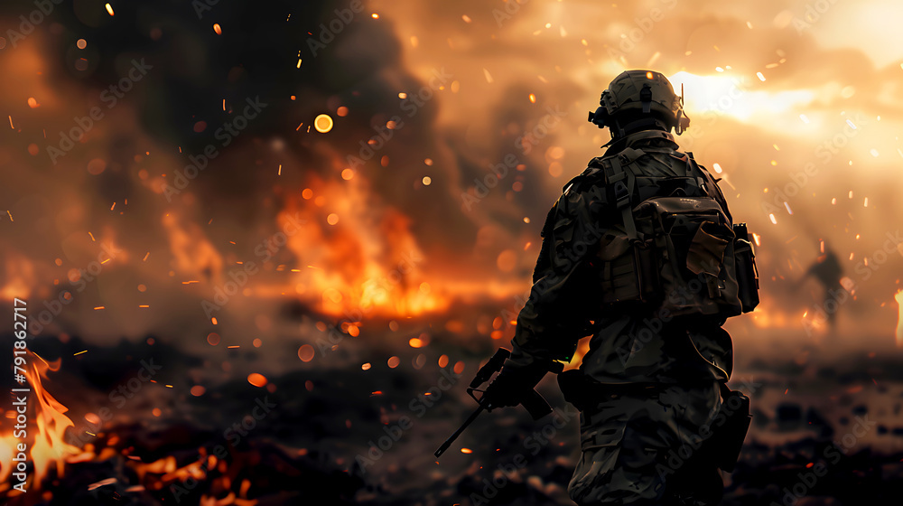 An army is standing on the battlefield with weapons in hand. Soldier in combat gear amidst explosion debris on battlefield, Military action and bravery. battlefield, military, war, conflict, soldier
