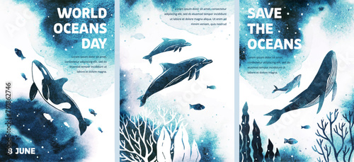 Set watercolor vector templates with killer whale, humpback, dolphins, fish, seaweed. World oceans day. Save the oceans. Sea animals. Silhouette of a big whales. Illustrations with underwater nature