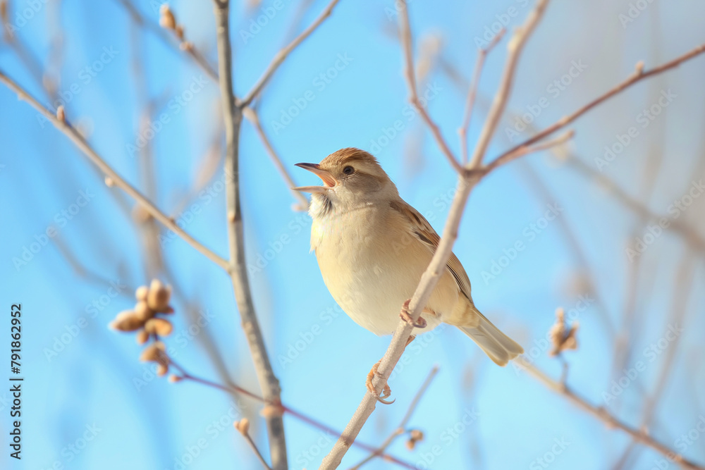 A sparrow lifts its voice in song amidst the budding branches of early spring, under the soft light of a clear blue sky.