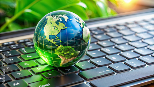 A crystal ball with a green wooden icon representing North America and South America stands on the keyboard of a laptop bathed in sunlight. AI generated.