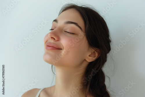 A person revels in a moment of tranquility, eyes closed, with a serene smile, conveying a sense of peace and contentment against a crisp white background.