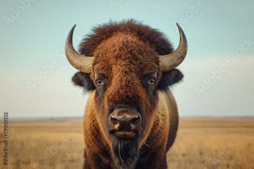 An arresting frontal view of a bison with a commanding gaze, set against the vast, open plains under a clear sky.