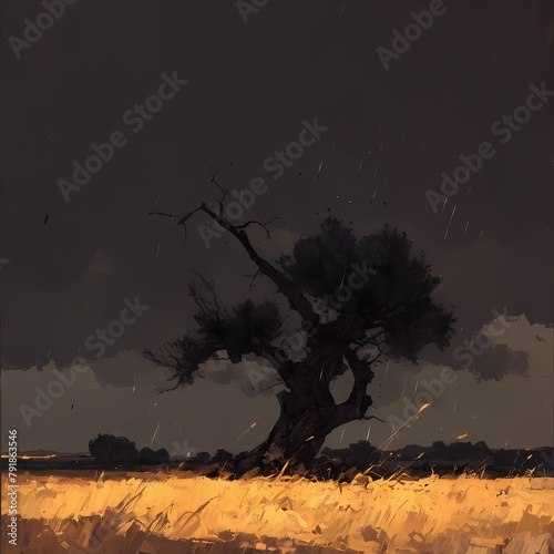 Ancient Olive Tree in Field, Rainy Sky, Dramatic Lighting - Artistic Rendition of Nature's Resilience photo