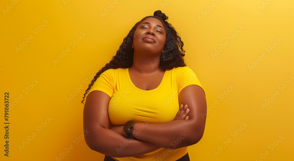 Obraz premium A confident plus-size woman in a bright yellow shirt stands with her arms crossed, eyes closed, and a serene smile on her face against a yellow backdrop.
