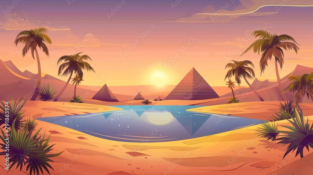 Animated modern cartoon illustration of sunset lake on sandy desert background with ancient pyramids, exotic palm trees and orange dune landscape, sun going down at horizon, travel game background.