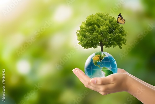 Hand holding globe with tree and butterfly, water filled, green background Serene nature scene