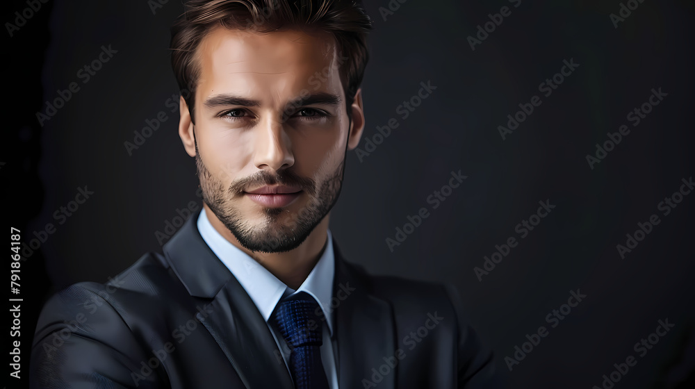 Confident Businessman in a Blue Suit Against a Dark Background
