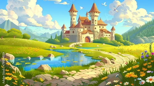 Fantasy fairytale medieval house cartoon background. Magic princess palace near lake modern landscape illustration. Italian kingdom building on island in summer. Nenuphar in swamp. photo