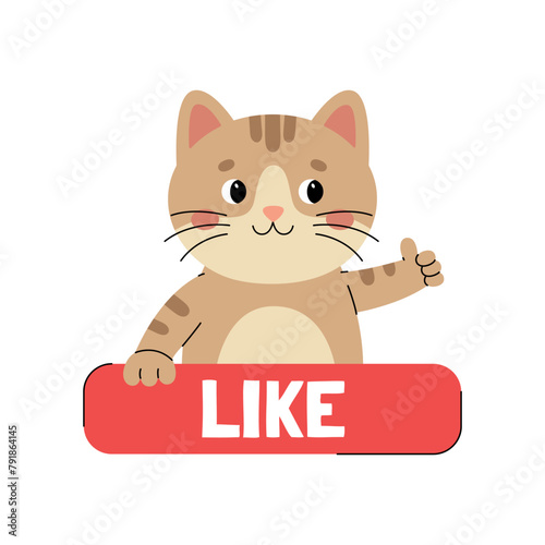 Sticker like with cute cat character showing thumbs up. Call to action sticker for social networks. Red button with animal. Vector illustration isolated on white background © Alina