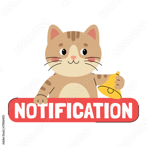 Sticker notification with cute cat character with bell. Call to action sticker for social networks. Red button with animal. Vector illustration isolated on white background © Alina