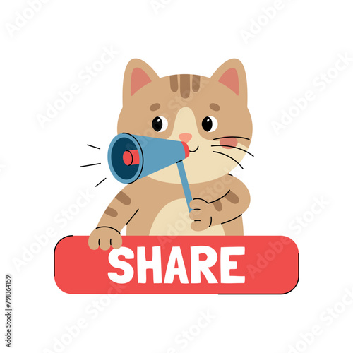 Sticker share with cute cat character with megaphone. Call to action sticker for social networks. Red button with animal. Vector illustration isolated on white background © Alina