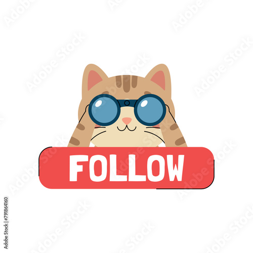 Sticker follow with cute cat character watching through binoculars. Call to action sticker for social networks. Red button with animal. Vector illustration isolated on white background © Alina