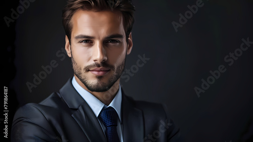 Confident Businessman in a Blue Suit Against a Dark Background