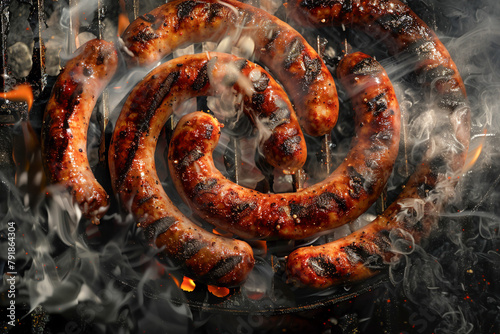 A sizzling array of sausages grilling, captured in vibrant detail showcasing the char and texture.