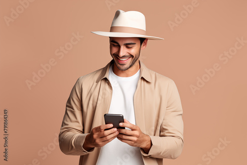 A cheerful young man in a beige trench coat and white fedora smiles as he looks at his phone, enjoying a moment of connection in a warm, monochrome setting. © Darya