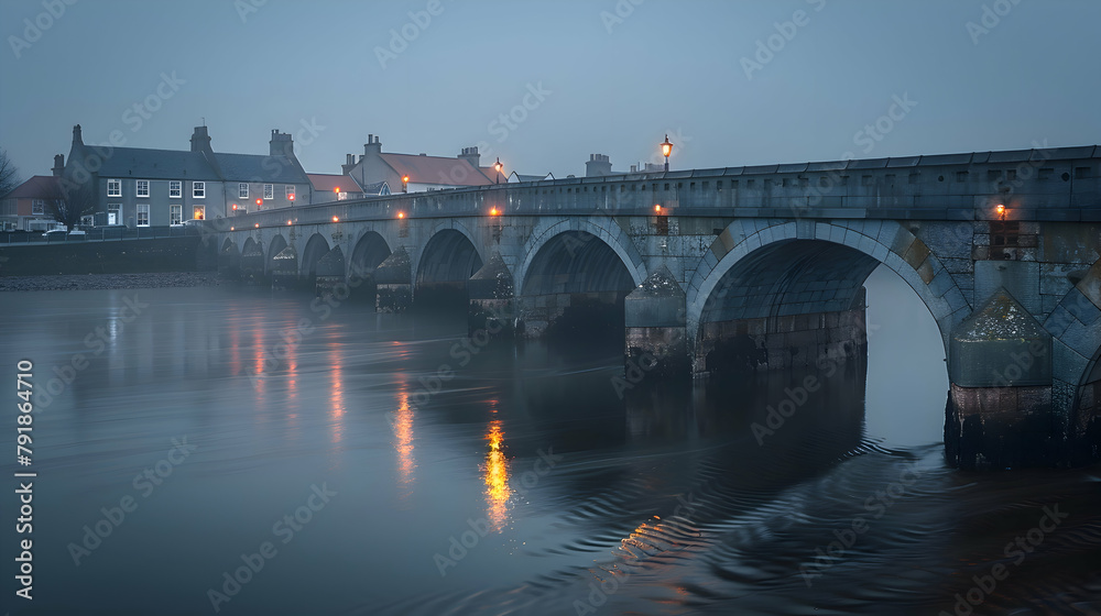 Fototapeta premium A bridge over a river at twilight, using long exposure to smooth the water and capture the reflections of the lights on the bridge