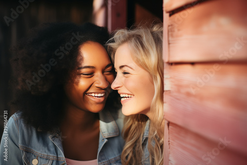 Two women leaning against a wooden backdrop, sharing a genuine moment of joy and laughter. Sunlight adds warmth to their casual denim attire.