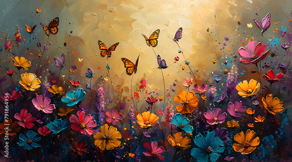 Fantasy Radiance: Enchanted Landscape with Metallic Butterflies and Luminous Flowers