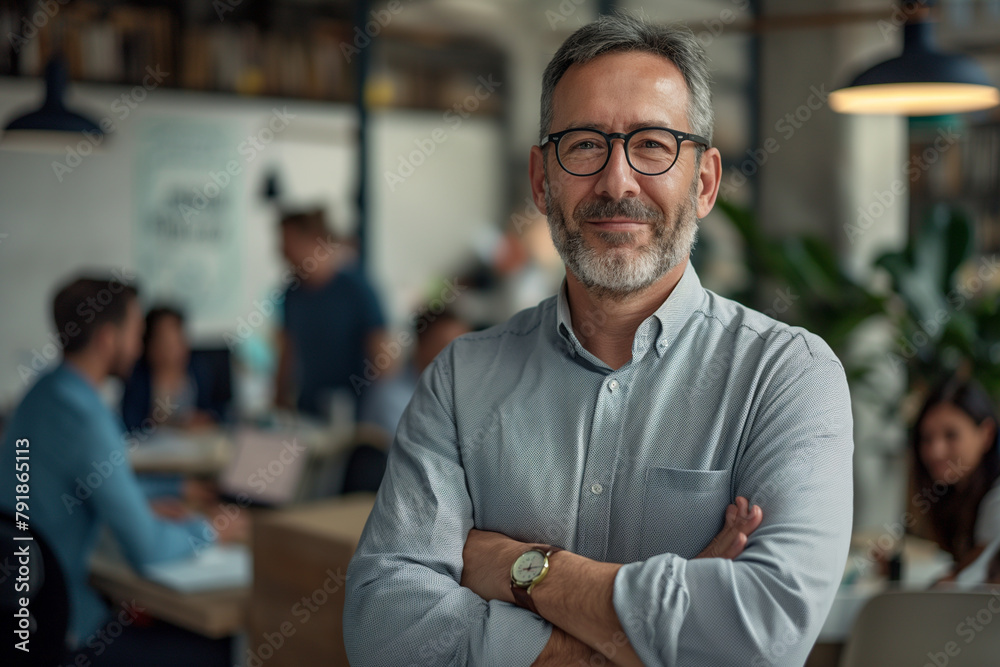 Smiling confidently, a mature businessman with glasses stands with crossed arms in a bustling office environment, embodying leadership and expertise. Smiling confidently, a mature businessman with glasses stands with crossed arms in a bustling office environment, embodying leadership and expertise.
