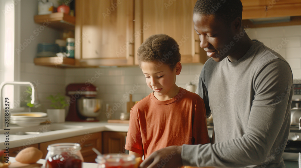 African american father and son cooking together in the kitchen at home African american father and son cooking together in the kitchen at home