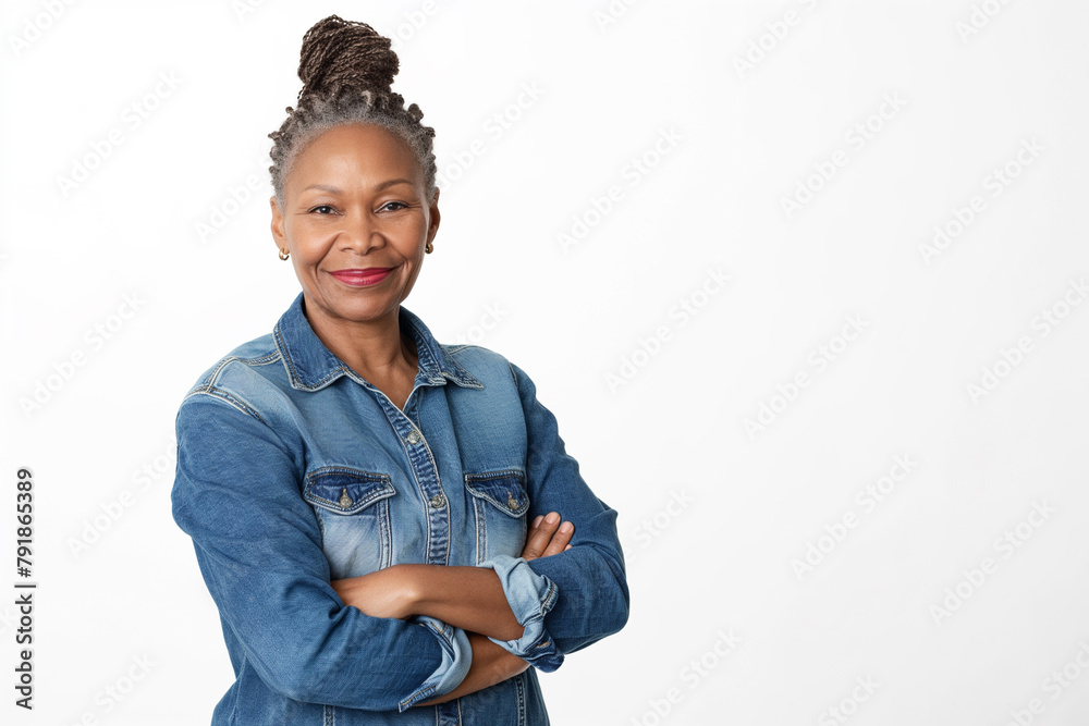 A poised mature African American woman stands with arms crossed, wearing a denim shirt, against a grey backdrop.
A poised mature African American woman stands with arms crossed, wearing a denim shirt, against a grey backdrop.