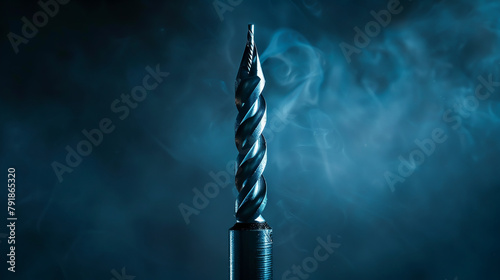 A metal drilling object with a pointed tip is shown against a dark background. drilling bit tool with smoke on dark background.