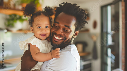 Happy african american father with little daughter in kitchen at home