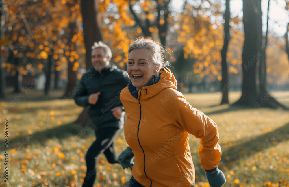 Fototapeta premium A senior couple enjoys a healthy lifestyle with a jog through an autumnal park, their bright jackets echoing the vibrant fall colors around them.