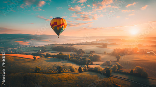 Colorful hot air balloons drift across a sky ablaze with sunrise or sunset hues, landscape nature at countryside. photo