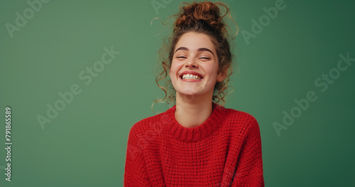 A woman's joyful laugh lights up the frame, her hair in a playful bun, wearing a cozy red sweater that pops against the soft green background.